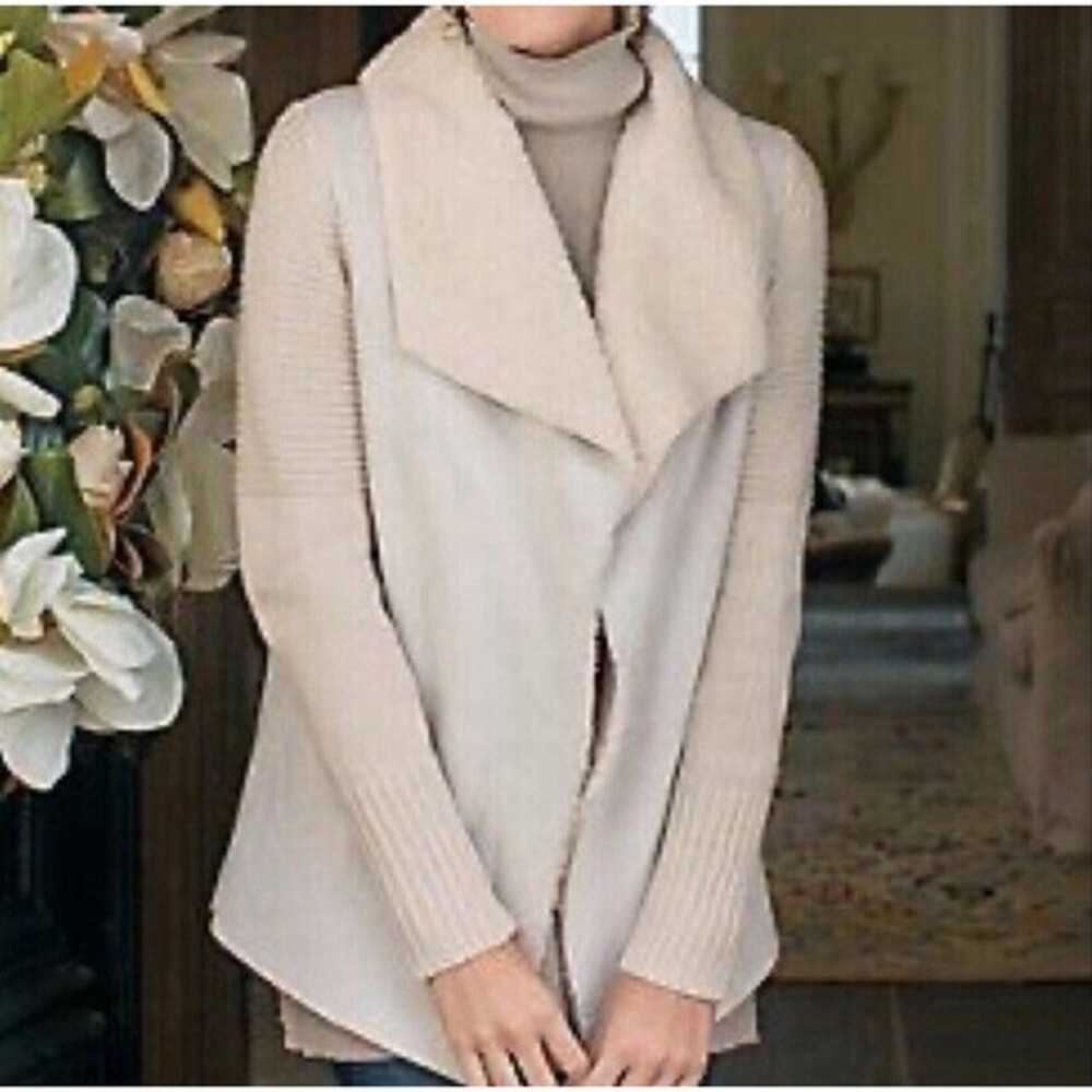 Soft Surroundings M Sierra Sweater Beige Oatmeal Suede Sherpa Knit Open Cardigan